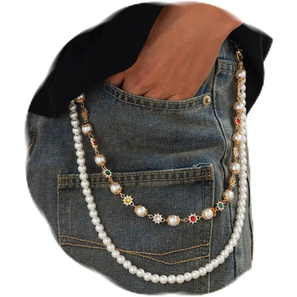 Pants Chain  Women Men Pearl Wallet Chain Rhinestone Flower Charm Layered Jeans Chains Punk Street Trousers Chain Heavy Hip Hop Pocket Chain Key Chain Vintage Rock Biker Chain Belt Chain