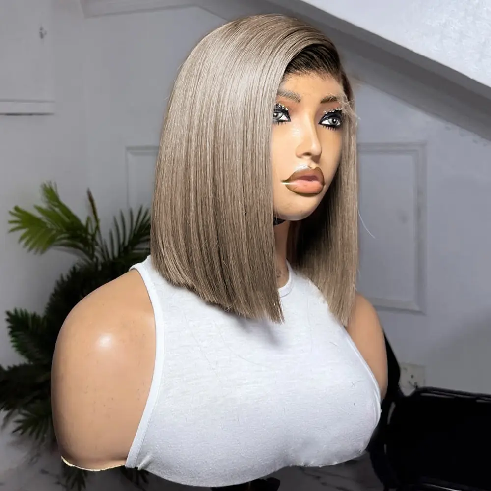 Grey Ash Blonde With Dark Root Colored Human Hair Bob Wig Transparent 180% Density 13X4 Full Lace Frontal Wig Human Hair Blonde Straight Bob Human Hair Wig for Women