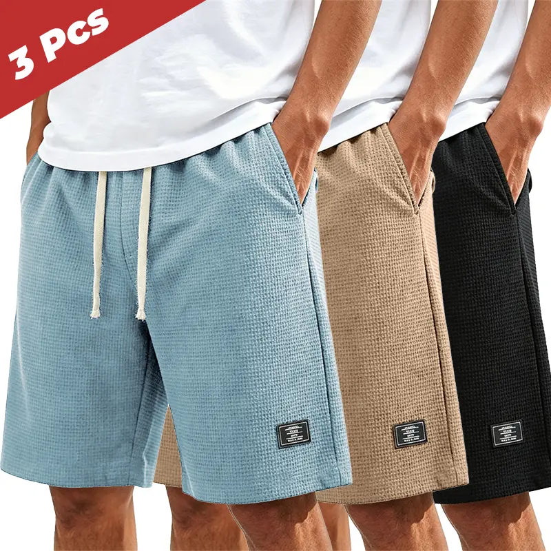 1/3 Pack Men's Summer Waffle Knit Casual Shorts, Loose Drawstring Elastic Waist Knee Length Sweat Shorts, Classic Small Label Streetwear Workout Walking Shorts