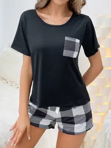 Summer French Two-Piece Home Wear Pullover Short-Sleeved Checked Pocketed Checked Short Pants Set Pajamas For Women