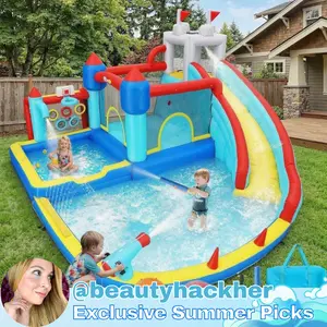 Whubefy 13 in 1 Inflatable Water Slide, Inflatable Bounce House for Kids 3-12, Large Bouncy Castle with Long Slide, Water Spray Belt, Sprinkler, Climbing Wall, Basketball Hoop, Water Park for Outdoor Indoor Summer Play