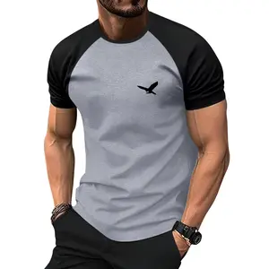 Men’s Summer Colorblock Short-Sleeve T-Shirt with Eagle Print and Raglan Sleeves — Fashionable for Daily Wear, Casual Outings, Vacations, Sports, Travel, and Hobbies; Great Gift for Boyfriend or Husband; Suitable for Basketball, Camping, and Gym