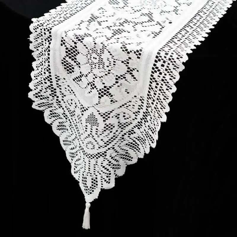 White Polyester Lace 14"w x 108"l Table Runner, Floral Embroidery Detail Decorative Vintage Home Table Decor, Ideal for Wedding & Event Use, Dry Clean Recommended