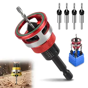 4 Piece Countersink Drill Bit Set for Wood with Adjustable Depth Stop Collar, HCS 1/4" Hex Shank Woodworking Chamfer Bits with Non-Marring Bearing for Carpentry and DIY