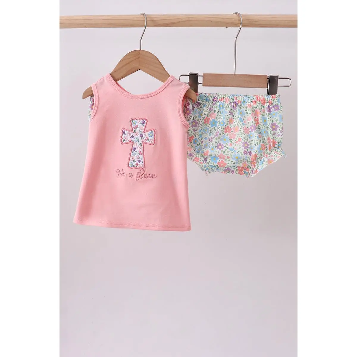 Pink floral cross embroidery ruffle bloomer set
