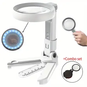 Rechargeable Desktop Magnifier with Ruler, 3-Stage LED Lights, Foldable Base, Ideal for Repair, Crafting, Reading, Collecting