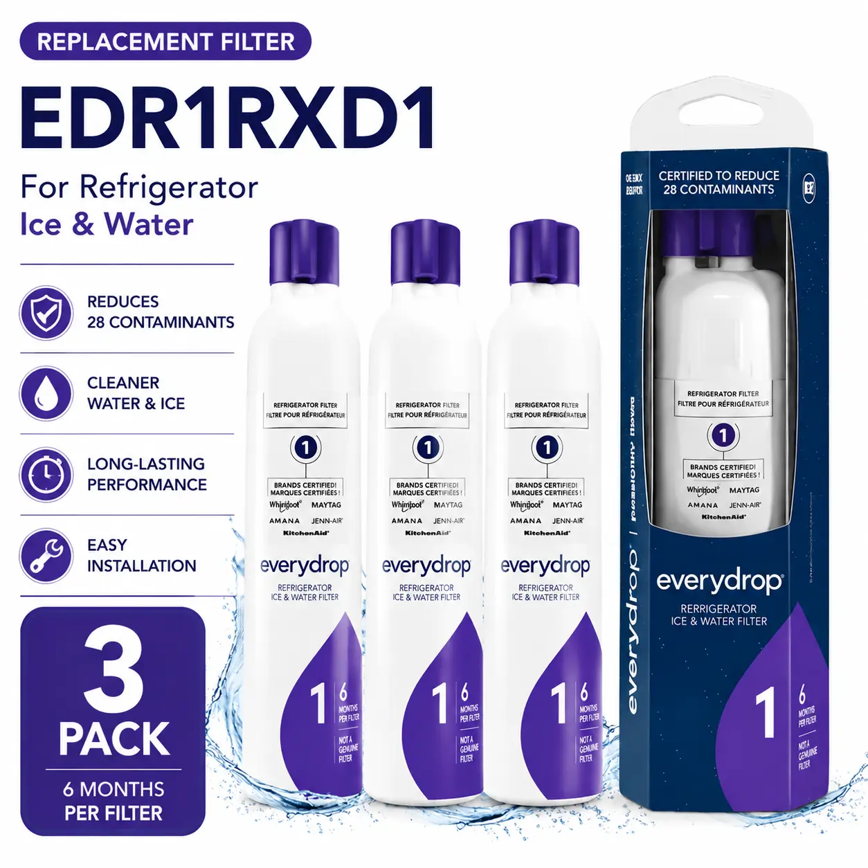 EDR1RXD1 Refrigerator Water Filter Replacement - Contaminant Reduction, Cleaner, Ice Making, Tool-Free Fit, Compatible with EveryDrop Filter 1, Whirlpool, Maytag, KitchenAid, Amana, JennAir, Replaces EDR1, W10295370A, W10295370, 46-9081, 46-9930, 3 Pack,