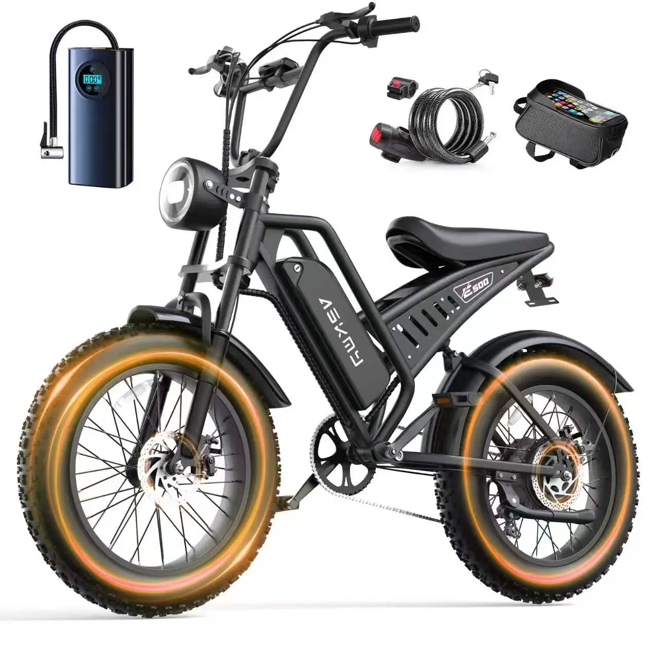 【ASKMY】Fat Tire Electric Bike | 1500W Peak Motor | High-Carbon Steel Frame | Full Suspension | Up to 35 MPH | 48V 15Ah Battery | 40–70 Miles Range | 20" × 4.0" All-Terrain Fat Tires | For City Commuting, Country Trails & Light Off-Road Riding