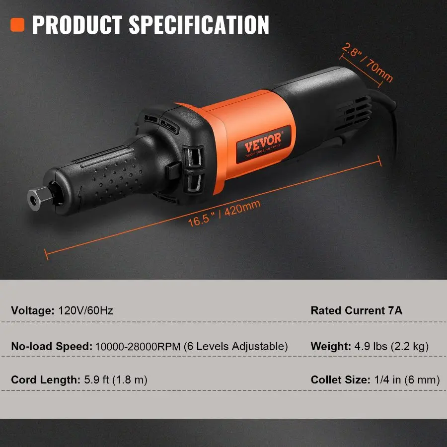 【toolupgrade】VEVOR Die Grinder, 1/4 Collet Variable Speed (10000-28000RPM), Heavy Duty Electric, Ergonomic Grip for Rust Removal, Grinding, Cutting, Polishing, Welding Repair, Deburring, with 1/4 1/8 Collets