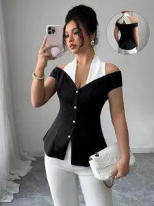 Women's Elegant Commuter Colorblock Off-Shoulder Halter Neck Top, Summer Wear, Fitted, Stylish, Chic and Comfortable, Perfect for Office and Casual