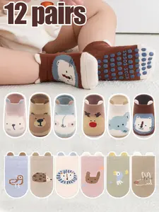12 Pairs Baby Boys Cartoon Socks Anti-Slip, Toddler Walking Socks, Newborn Baby Boy Animal Print Socks, Unisex Short Socks, Socks Set