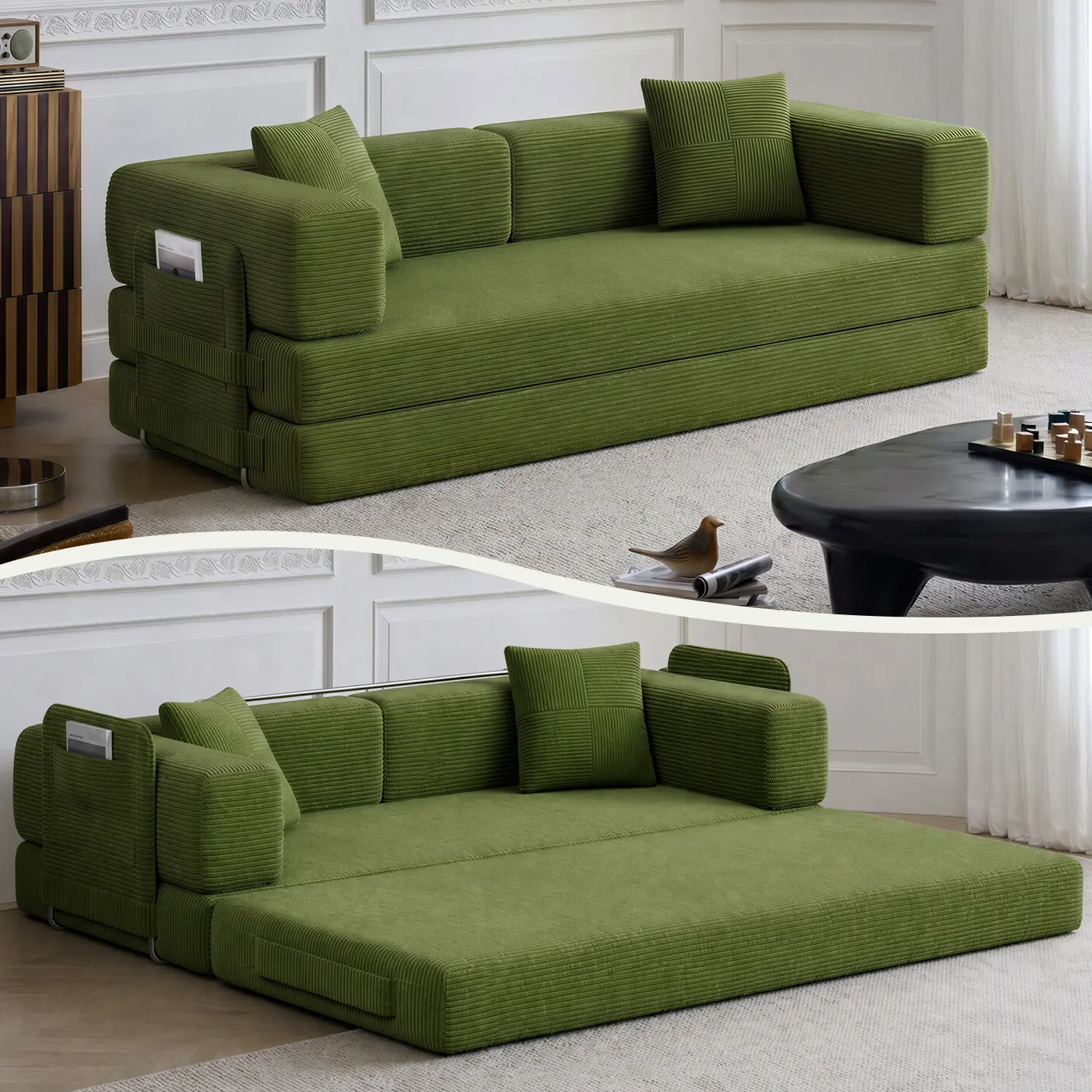 79.5" Convertible Corduroy Sofa Bed with Cylindrical Pillows, Fixed Shaping Frame Folding Floor Lounge Sofa for Bedroom Living Room Studio