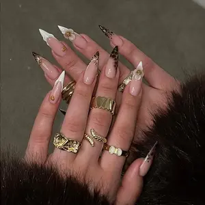 Elegant 3D Flower Leopard Print French Tip Long Stiletto Press On Nails | White V-Cut Elegant Fake Nails | Minimalist Luxury Nail Art