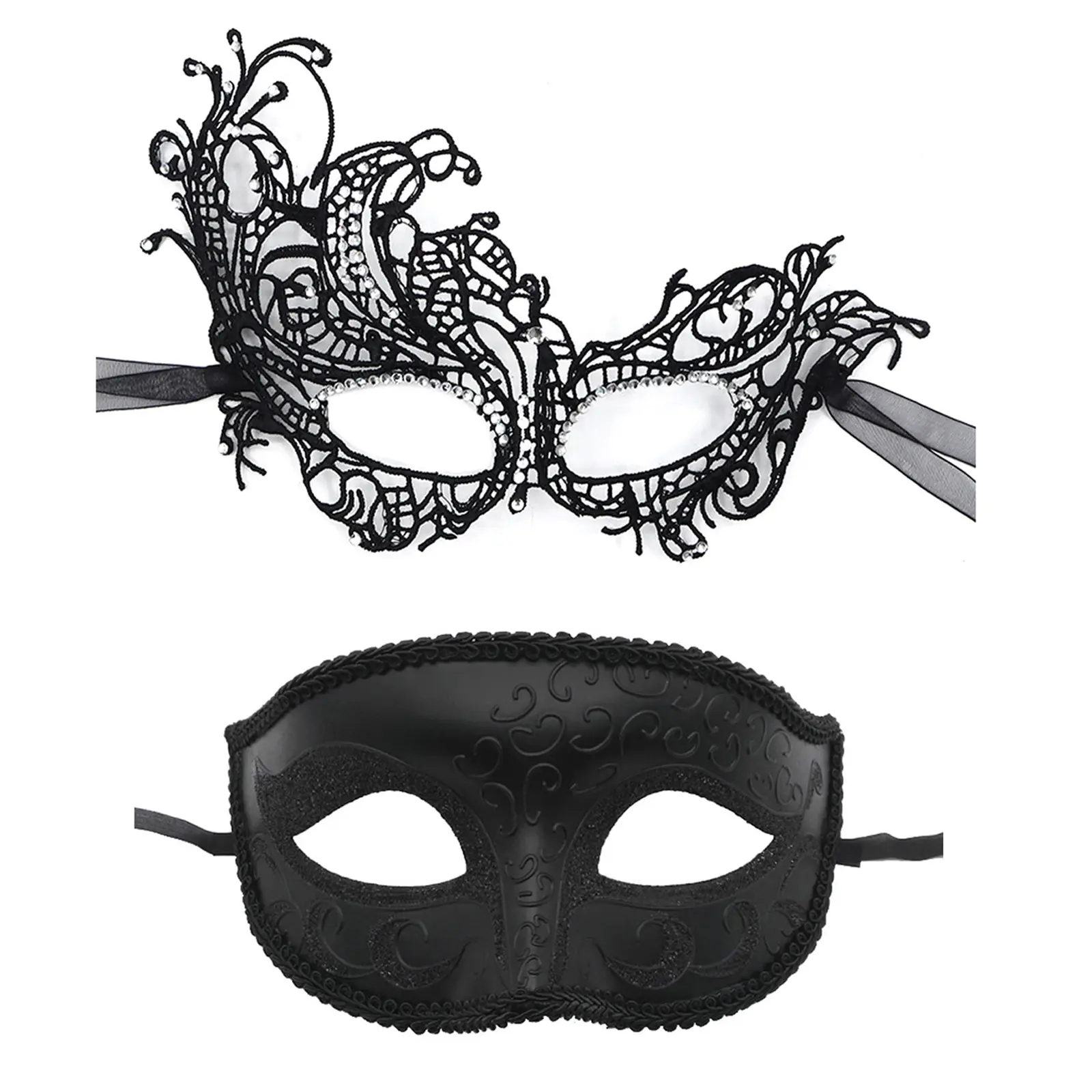 OIDEA Women's 2-Piece Plastic Venetian Half-Face Masks Set - Lace, Rhinestones, Glitter Black, Adjustable Strap, Party Accessories for Holiday, Evening Events, Gift Option, Two Pieces