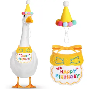 Happy Birthday Goose Outfit Lawn Porch Goose Outfits with Party Hat Bandana for 23" 17" Cement Plastic Duck Decor(Yellow)