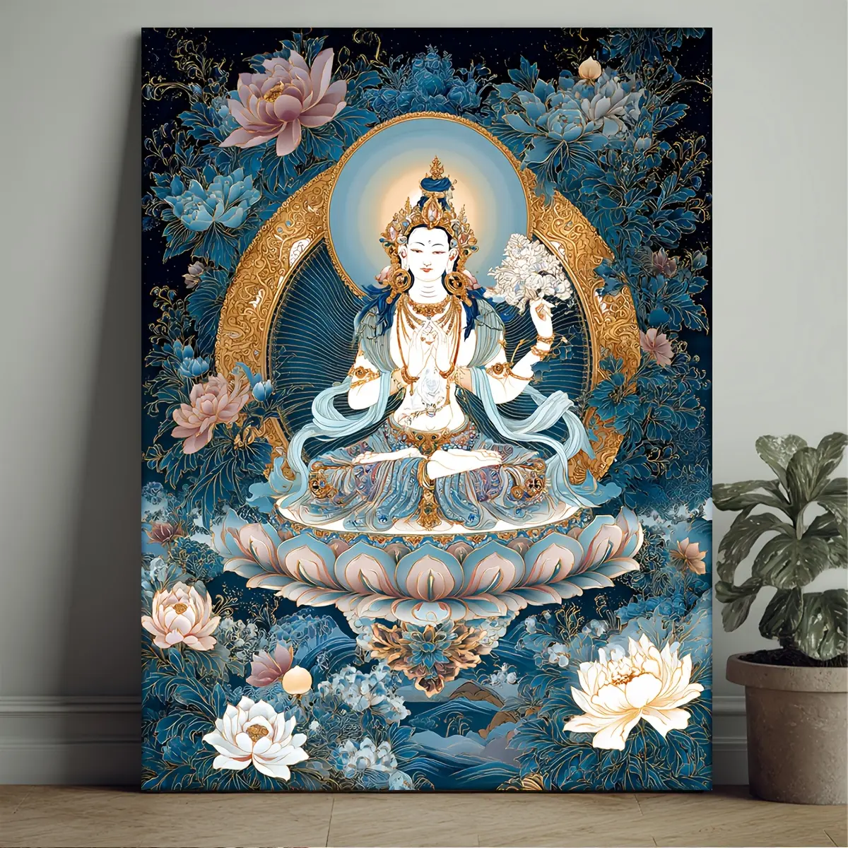 1 Framed White Tara Buddhist Wall Art - Cartoon-style Tibetan Zen Goddess Print, with wooden frame wrapped around the canvas, suitable for chakra meditation decoration in Zen rooms, Buddhist temples, and spiritual spaces, ideal for Buddhist art, Tibetan a