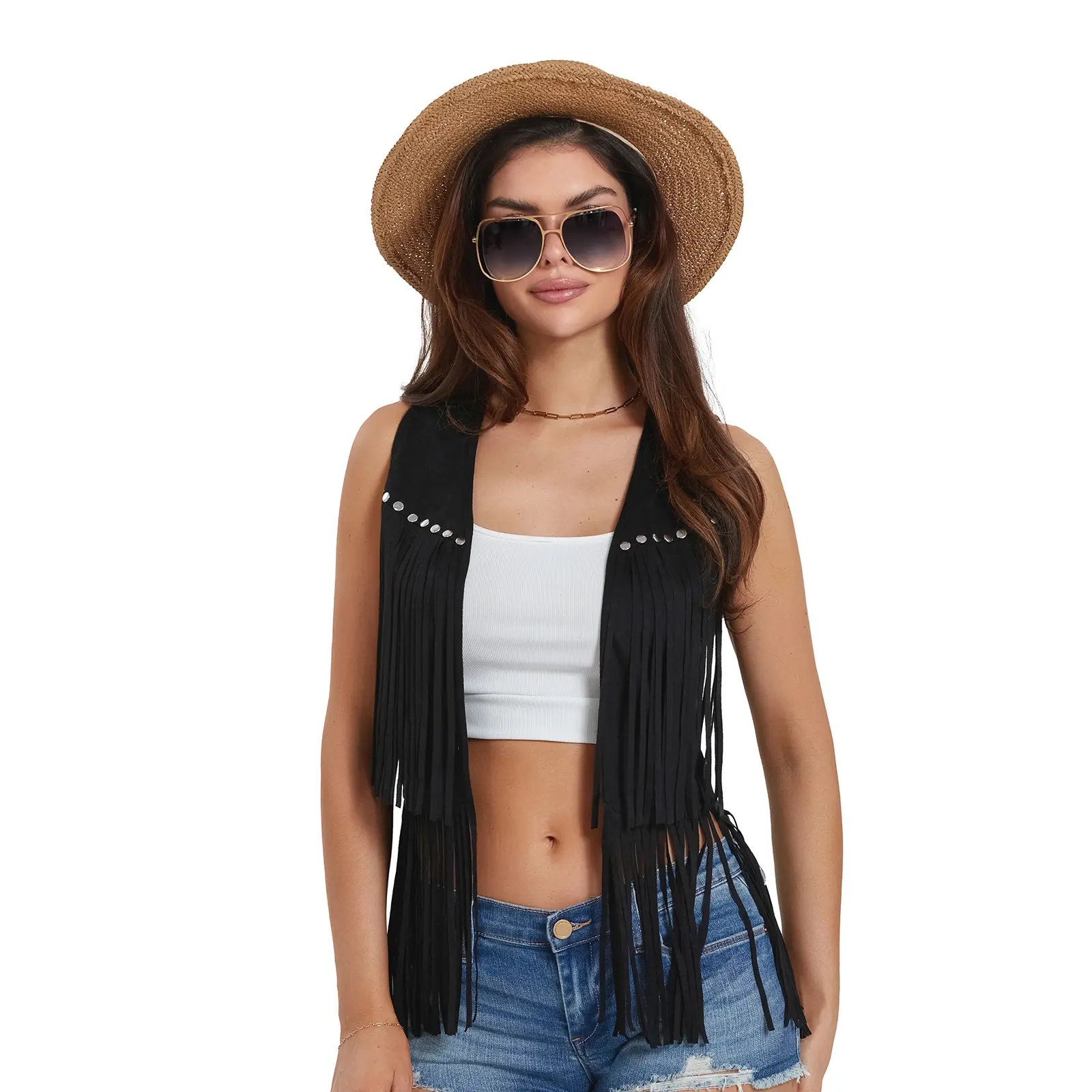 Women Ladies Female Hippie Waistcoat Vest Lightweight Solid Color Open Front Sleeveless Jacket with Tassel for Streetwear Outerwear Black