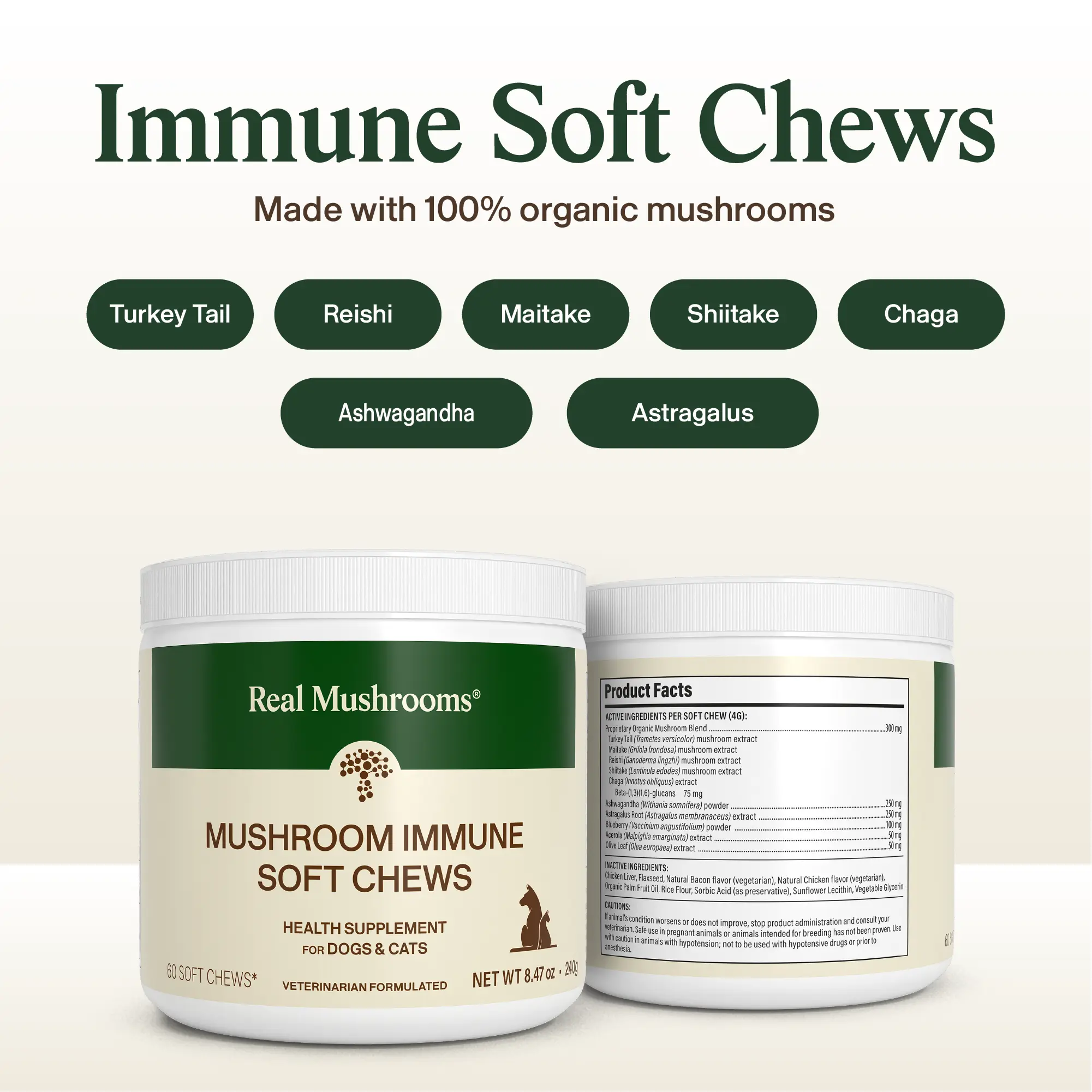 Real Mushrooms Mushroom Pet Chews | 5 Organic Mushroom Blend with Ashwagandha Astragalus | Vet Formulated | Grain Free | 90 Chews