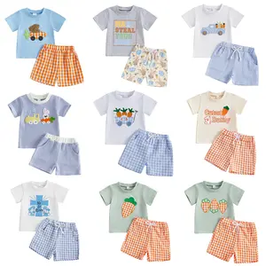 Toddler Baby Boy Girl Easter Outfits Bunny Carrot Embroidery Short Sleeve T-shirt and Elastic Waist Shorts Set Summer Clothes