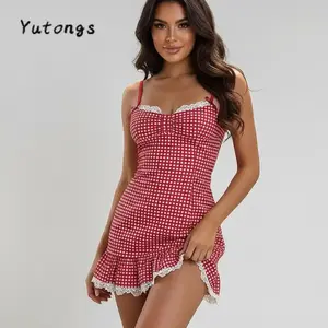 Women's Summer Plaid Cami Dress Sleeveless Lace Trim Hem Mini Spaghetti Strap Dress