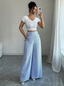New Spring Summer Fashion Womenswear Simple Woven Elegant Linen Blue Striped Wide Leg Bell Bottom Pants, Hidden Zipper Pockets Button Design Elegance