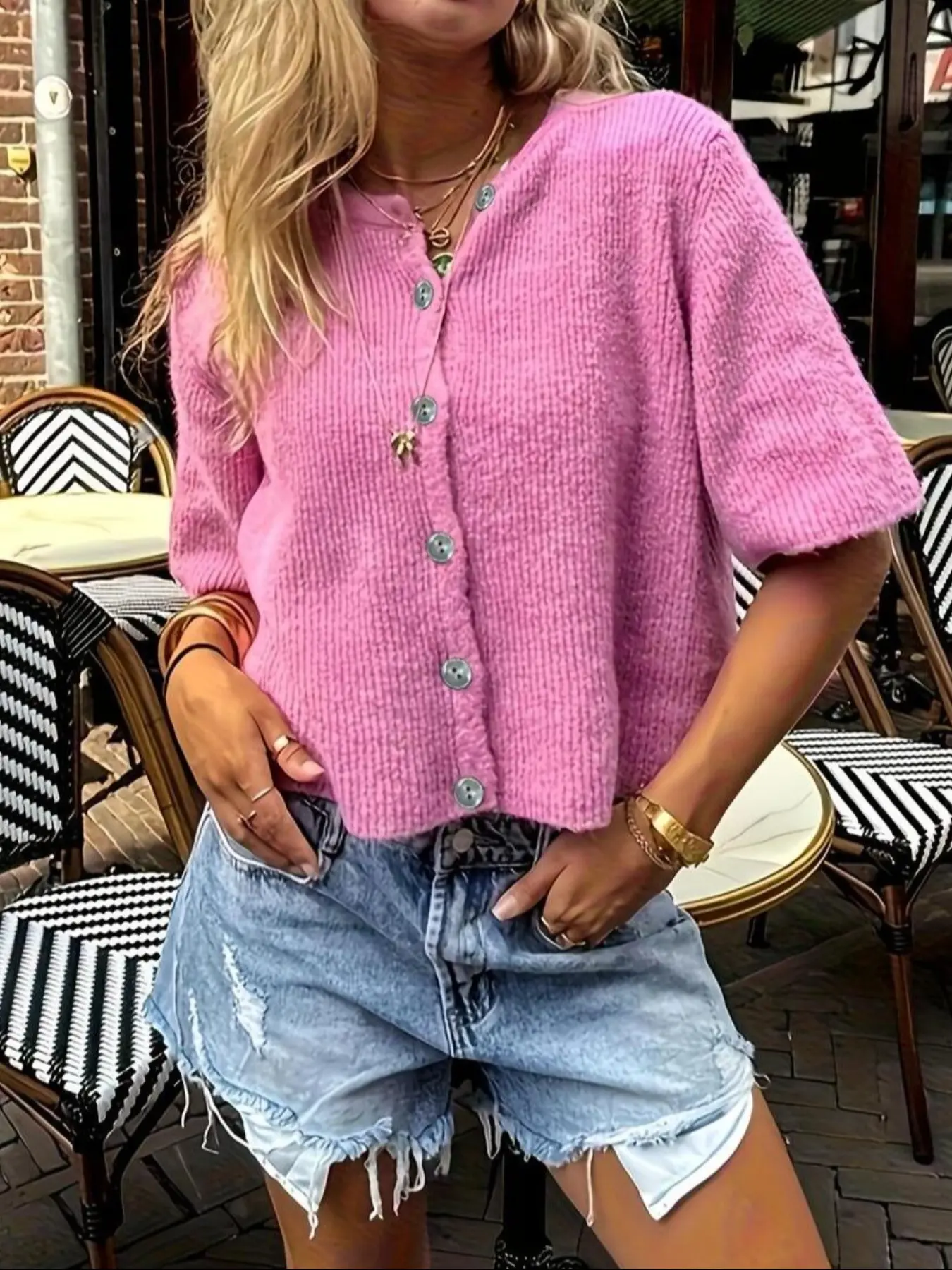 Women's Pink Ribbed Knit Short Sleeve Cardigan, Casual Button Down Crew Neck Top for Spring & Summer, Fashion Women's Sweater for Daily Wear, Womenswear
