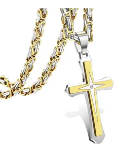 Black 14K gold plated for Men Stainless Steel Cuban Link Chain With Cross Design Pendant Religious Necklace 22-30Inch