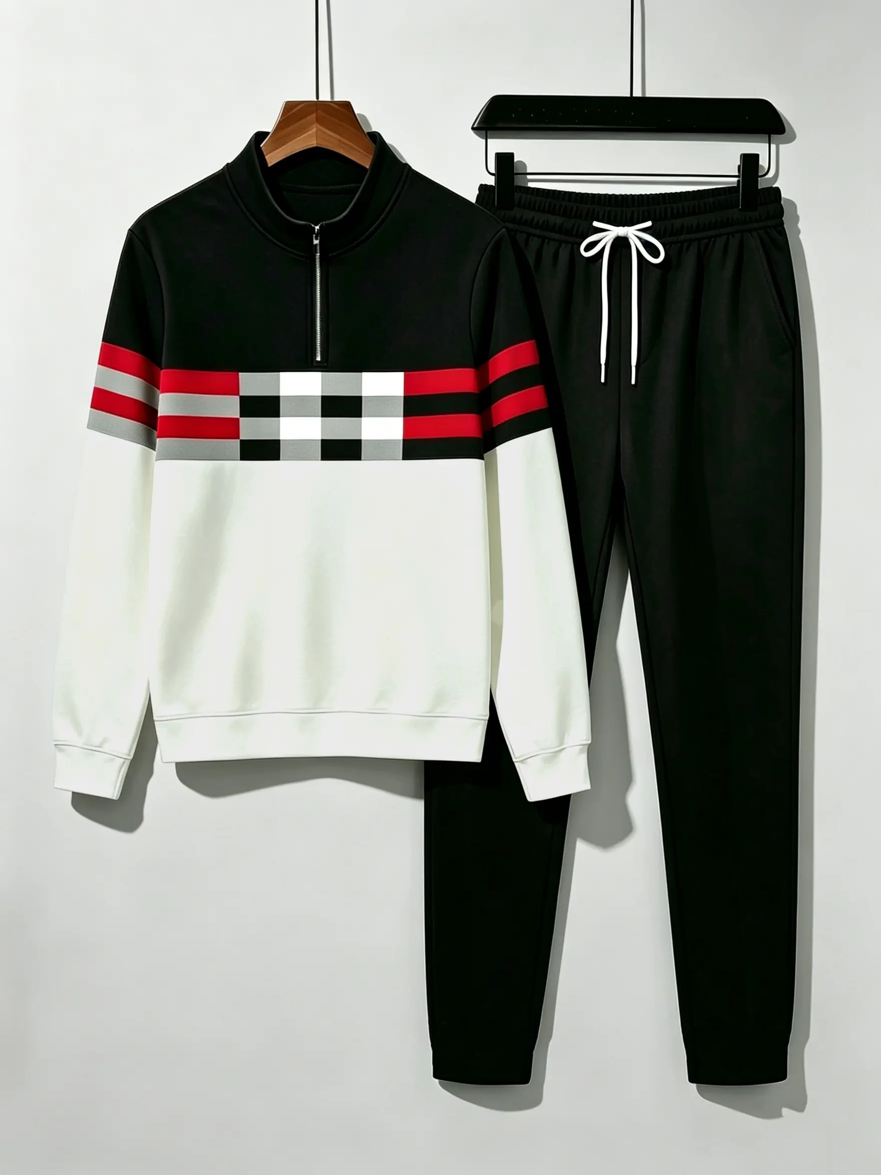 men's 2 piece sets Long sleeved polo shirt, long pants, half open placket zipper, casual sports polo shirt print set mixed color