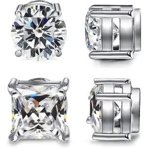 2 Pairs Stainless Steel Magnetic Stud Earrings for Men Women Non-piercing CZ Hypoallergenic Clip on Earring Magnetic Studs Earring 5-8MM(SE-21)