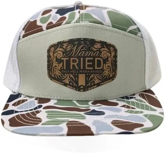 Vintage Mama Tried Leather Patch Hat, Camo Trucker Snapback, Flat Brim Mesh Back Cap, Rustic Country Western Gift for Her, Him, Mom and Dad US