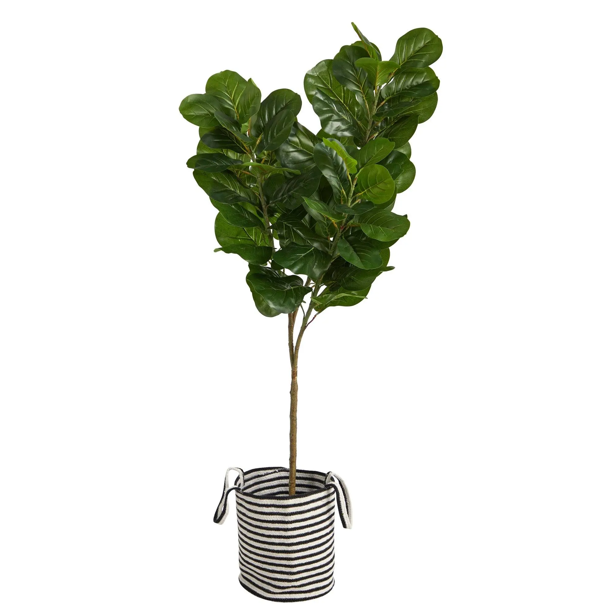 6ft Elegant Artificial Fiddle Leaf Fig Tree - Floor Faux Plant Artificial Trees, 6' from Planter, Botanical Aesthetic, Handmade Black-White Jute-Cotton Planter for Home Decor Awkward Corner