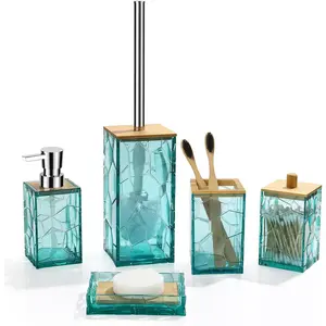 Teal Blue Beach Bathroom Accessories Set, Toothbrush Holder, Soap Dispenser, Cotton Swabs Holder, Soap Dish, Toilet Brush with Holder, Boho Bamboo Bathroom Decor,Acrylic (Teal)