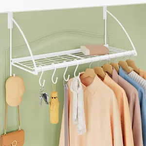 Over Door Clothes Hanger with Storage Rack and 6 Hooks, Extended Over The Door Clothes Rack for  Coat for Bathroom, Bedroom, Living Room, White