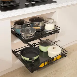 2 Pack Pull Out Cabinet Organizer, Expandable(12"-20") Slide Out Drawers 3 Slide Rails Fix with Adhesive or Screw, Roll Out Shelves for Kitchen Cabinet Organization, Black Racks