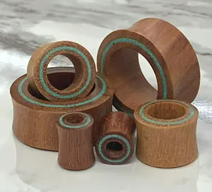 PAIR of Unique Crushed Turquoise Rim Inlay Sawo Wood Tunnels/Plugs - Gauges 0g (8mm) thru 1" (25mm)