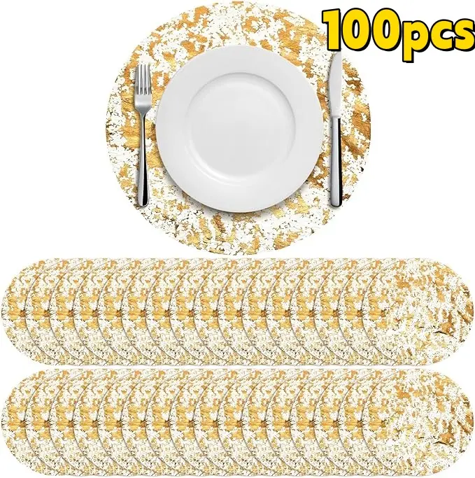100pcs Thin Golden Metallic Disposable Placemats - 13in Luxury Laminated Table Protectors with Elegant Shiny Mirror Foil, Sequin Tableware for Weddings, Camping Kitchen Use