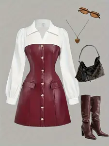 Women's Long Sleeve Fashion Chic Fitted Shirt Dress, & Wine Leather Skirt, Office Wear, Formal Elegant Fashion, Formal, Party, Business Casual, Spring Summer, Womenswear
