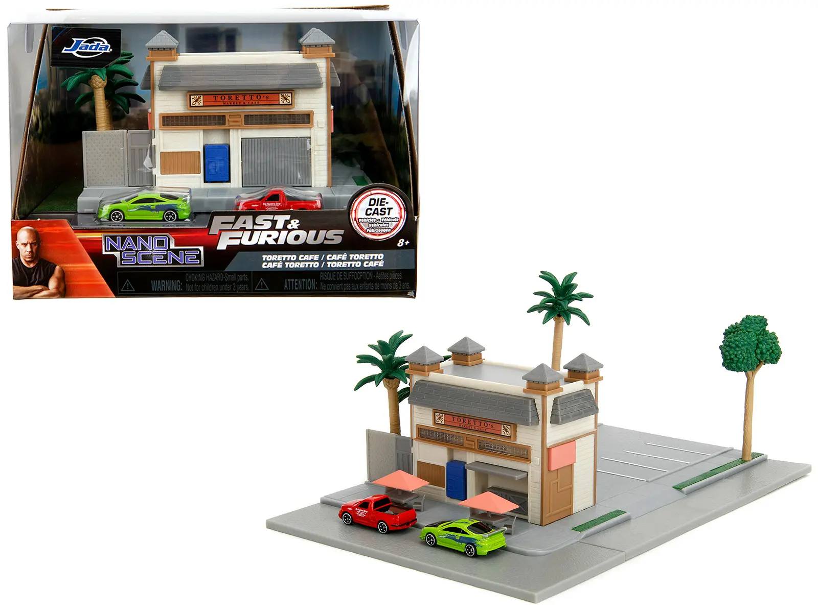 Toretto Cafe Diorama with Mitsubishi Eclipse Green and Ford F-150 SVT Lightning Red "Fast and Furious" Model by Jada