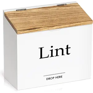 Lint Bin for Laundry Room - Compact Size, Wooden Dryer Lint Bin with Lid - Rustic Lint Box,  Bin - Modern Farmhouse Laundry Room Decor, White with Torched Lid