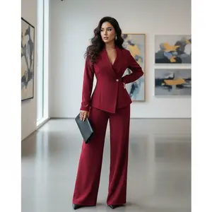 Women's Elegant Lapel V-Neck Long Sleeve Unique Design Waist Belt Buttoned High-End Blazer Jacket And Straight Wide-Leg Pants Two Pieces Suit, Suitable For Work Commute In AutumnLi2k
