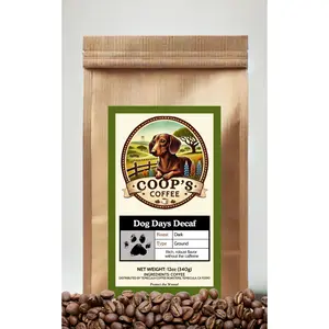 Coop's Coffee Dog Days Decaf - Peruvian Decaffeinated Coffee with Caramel Notes & Citrus Flavors - 12oz Dark Roast Ground