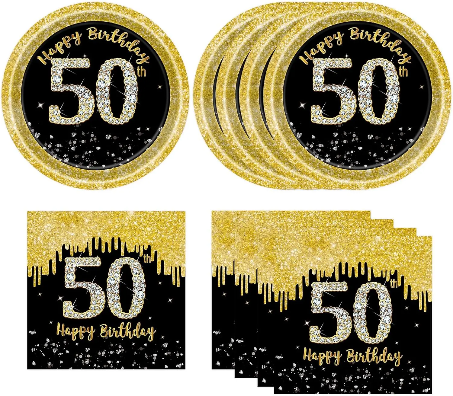 Black Gold Disposable Party Plates and Napkins Set - 50 Pcs Total, 7-in, Diamond Accents, Tear-Resistant, Food-Grade, Bold Font Tableware for 50th Birthday Adults, Black Gold Decor Gatherings