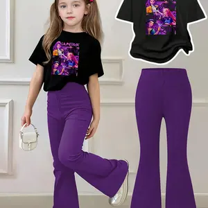 Girls' Cartoon Anime Girl Print 2-Piece Set, Sporty Sweatshirt and Bell Bottom Pants, Casual Fitted for Spring Fall Winter, Power Girl Outfit