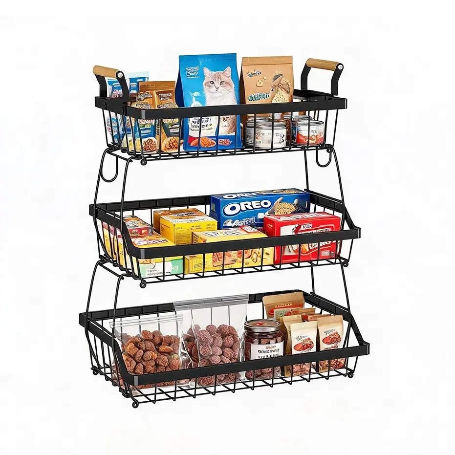 Versatile 3-Tier Wire Basket Organizer, Detachable & Portable Countertop Storage with Hooks, Space-Saving Display for Fruit, Veggies, Coffee Station, or Bathroom Essentials