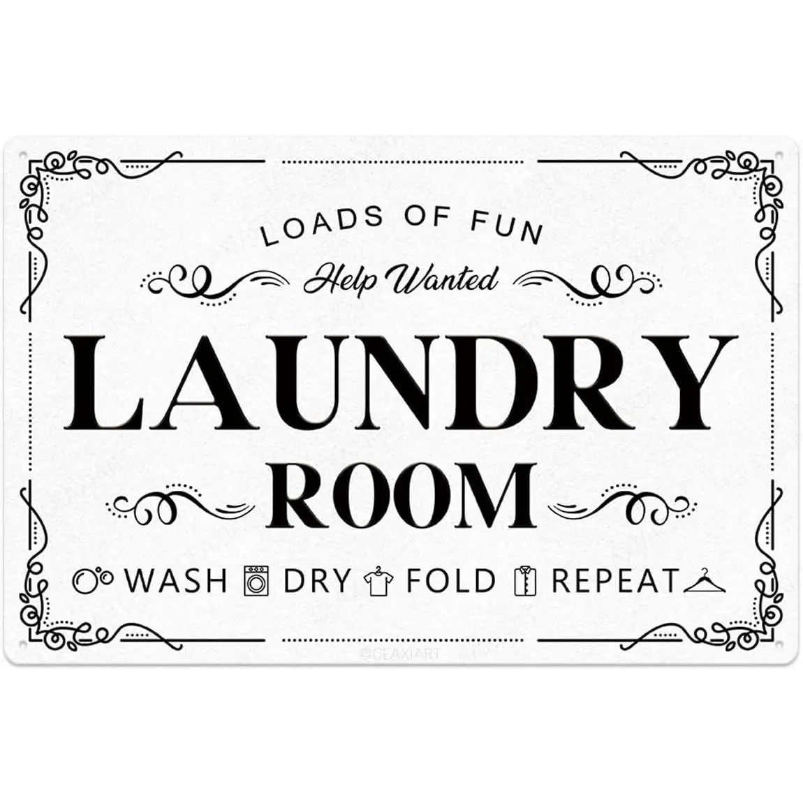 Funny "Loads of Fun" Laundry Room Metal Sign - Retro Laundry Wall Decor for Home | "Wash Dry Fold Repeat" Humorous Plaque | 12x8in White, Laundry Room Signage, Tin