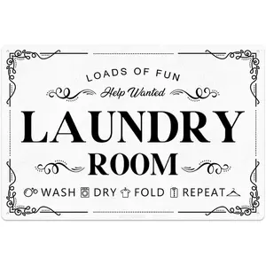 Funny "Loads of Fun" Laundry Room Metal Sign - Retro Laundry Wall Decor for Home | "Wash Dry Fold Repeat" Humorous Plaque | 12x8in White, Laundry Room Signage, Tin
