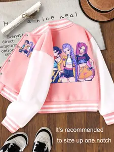 Girls' Short Baseball Jacket, Casual Sport School Uniform, Cartoon Print, Elastic Fabric, Fall Winter Outdoor Indoor Activity Jacket