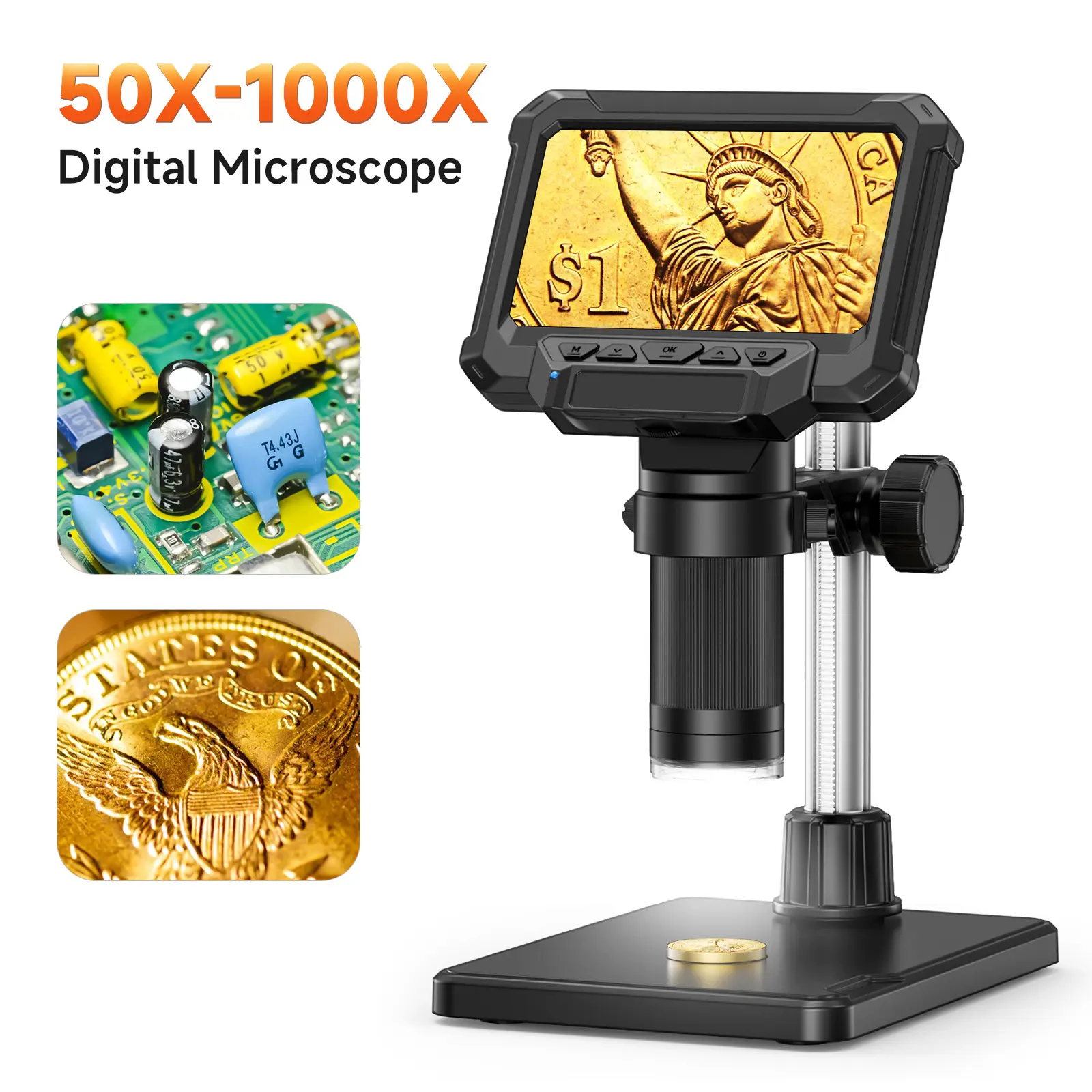1080P HD Digital Microscope - 4.3-in, 50x to 1000x Magnification, USB Rechargeable, 8 Adjustable LED Lights, PC Compatible, Brand Assurance, Colour Accuracy, Enhanced Battery Longevity, for Adult Enthusiasts, Coin/Stamp Exploration & Circuit Board Repair,