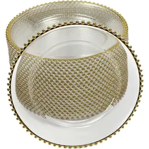 25 Pcs Clear Charger Plates, 12.6 Inch Gold Plastic Round Dinner Plate Chargers with Gold Elegant Beaded Rim for Banquets, Weddings, Parties, Dinner Table Decor Supplies (Gold)
