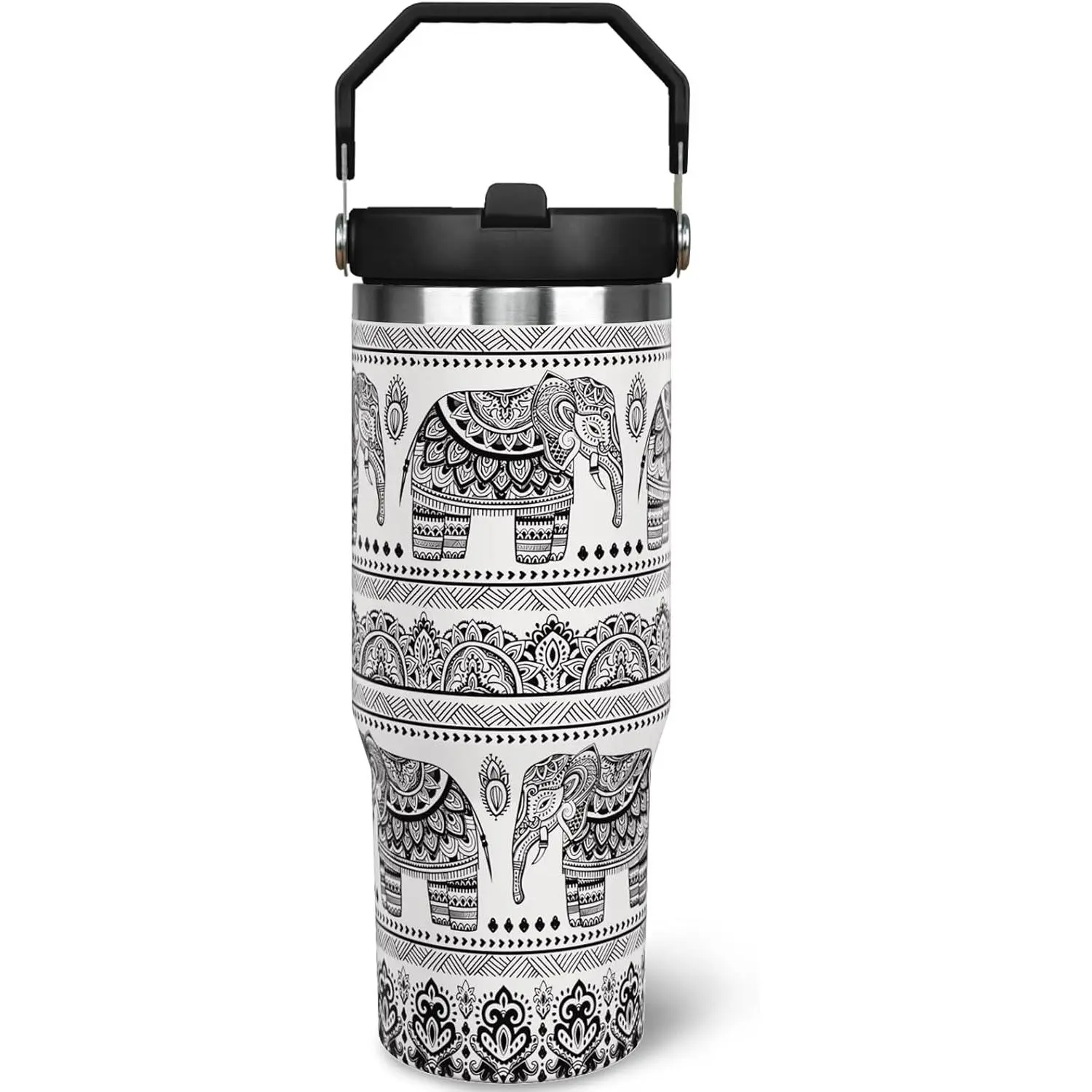 30 oz Stainless Steel Elephant Tumbler - Insulated Thermal Cup Mug with Handle, Flip Straw Lid, Portable Drinkware for Elephant Lovers Gifts